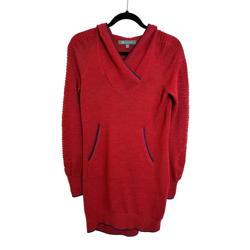 Title Nine Merino Wool Blend Hooded Sweater Dress Size XS Red Kangaroo Pocket